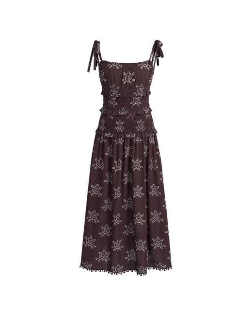 Fabrique Blue Eva Smocked Handpainted Floral Tie Shoulder Sleeveless Dress