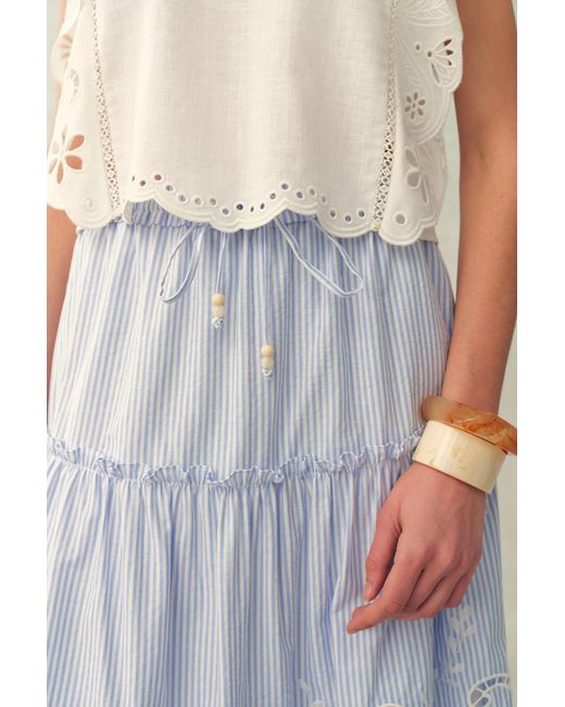 Fabrique Blue Bree Striped Embroidered Drawstring Tiered Skirt