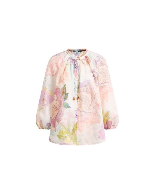 Fabrique Multicolor Yori Handpainted Floral Print Sheer Beaded Puff Sleeve Blouse