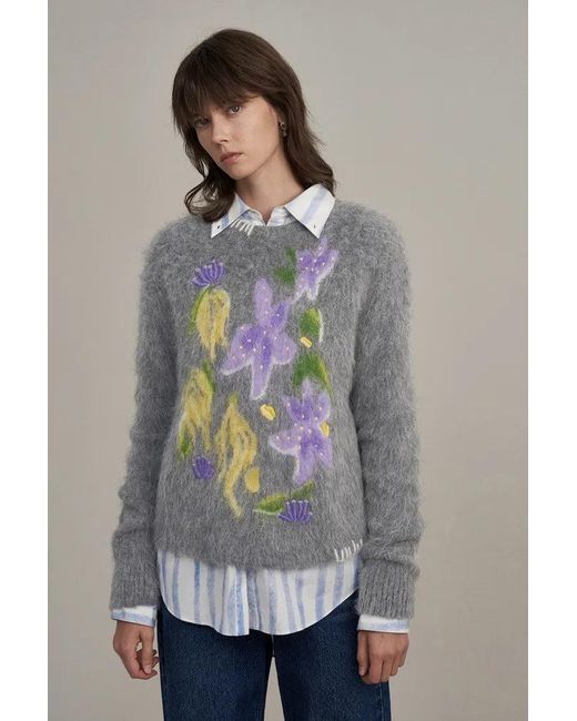 Fabrique Gray Titian Hand Embroidered Flora Sweater