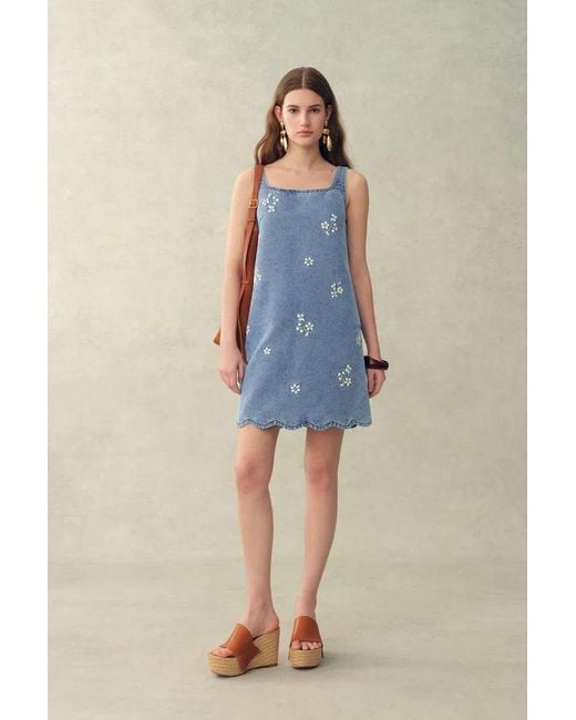 Fabrique Blue Lulia Floral Embroidery Square Neck Sleeveless Dress