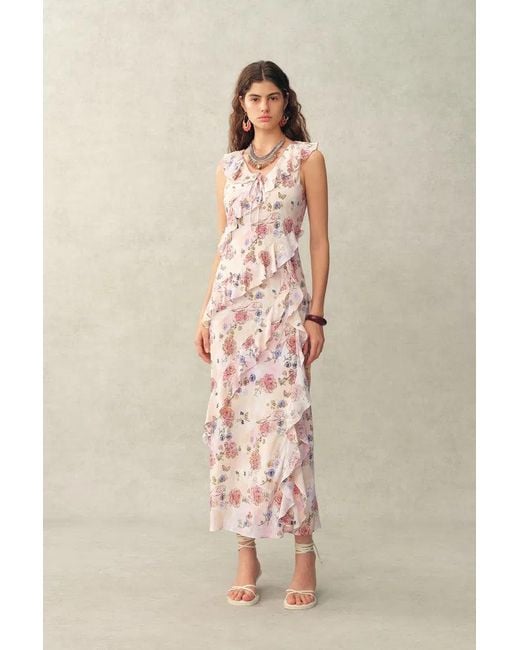 Fabrique Natural Alice Handpainted Floral Bias Cut Ruffed Sleeveless Dress