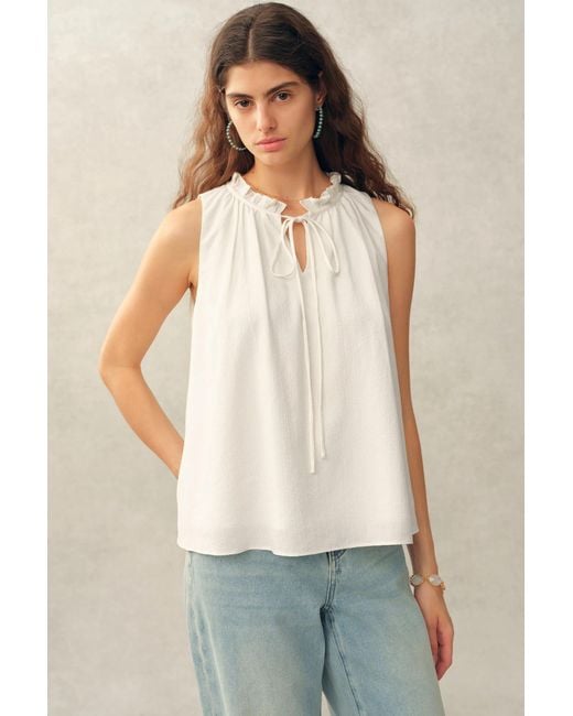 Fabrique Blue Rosalind Ruffle Neck Tie Front Sleeveless Top