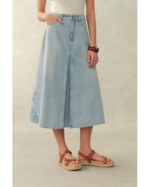 Fabrique Blue Perla Embossed Flowers Sleeveless Round Neck Top And Skirt Matching Set
