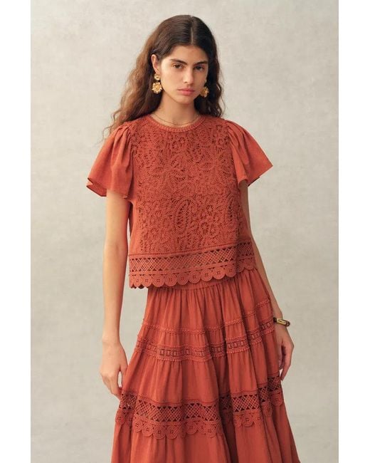 Fabrique Red Kalia Lace Embroidery Pleated Cap Sleeve Top And Maxi Slit Skirt Set