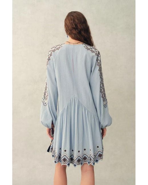Fabrique Blue Bohdi Boho Embroidery Crewneck Puff Sleeve Dress