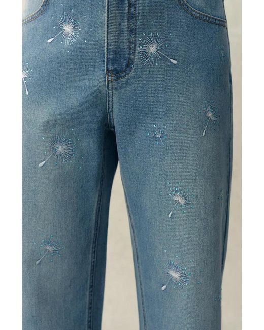 Fabrique Blue Annette Embroidered Crystal Embellished Dandelion Cropped Straight Leg Jeans