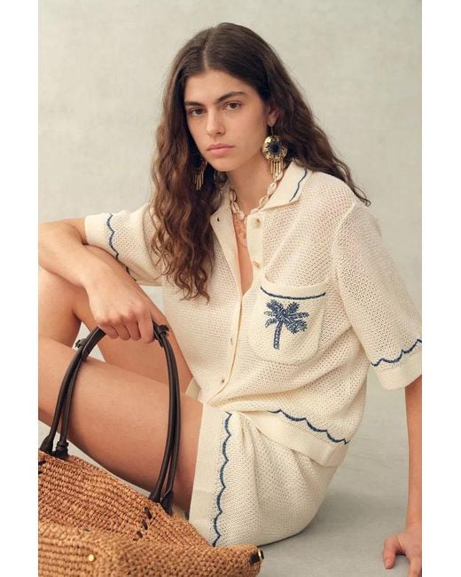 Fabrique Natural Oriel Palm Handworked Embroidery Buttoned Cardigan And Shorts Set