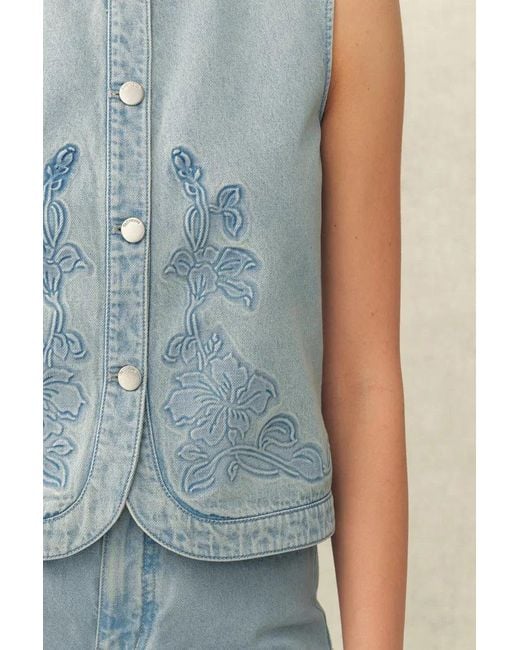 Fabrique Blue Perla Embossed Flowers Sleeveless Round Neck Top And Skirt Matching Set