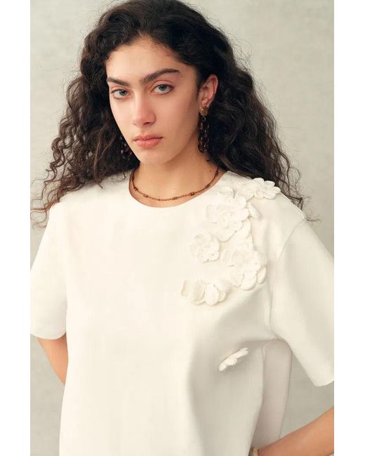 Fabrique Blue Celine Pearl Beaded Hand Crochet Floral T-Shirt