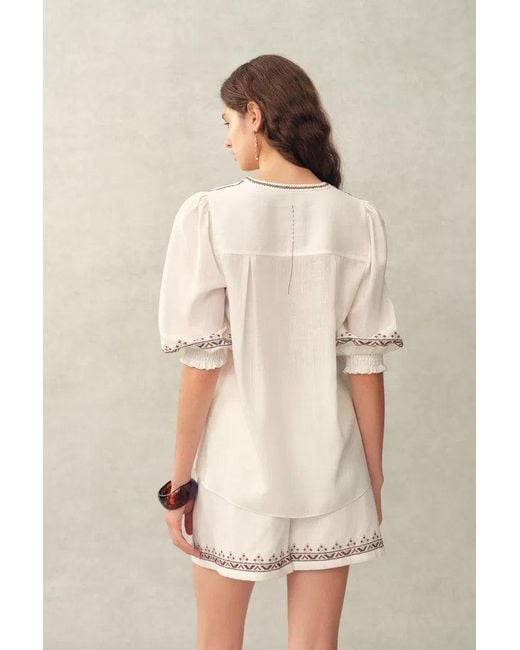 Fabrique Natural Becky Cross Stitch Tie Front Short Sleeve Shirt And Shorts Set