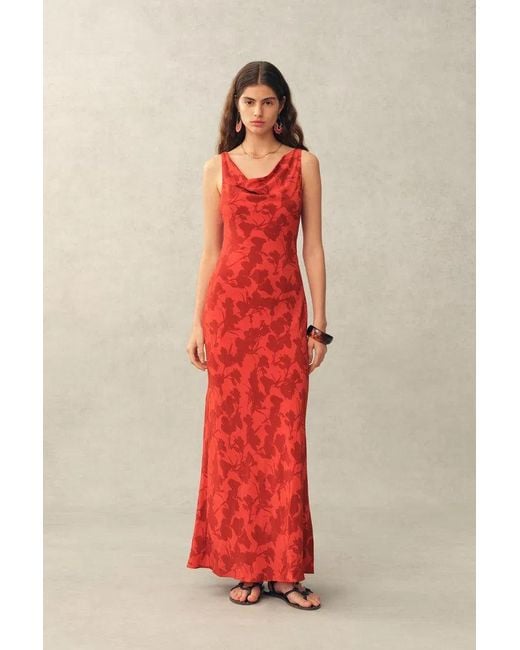 Fabrique Red Elodie Rose Cowl Neck Sleeveless Dress