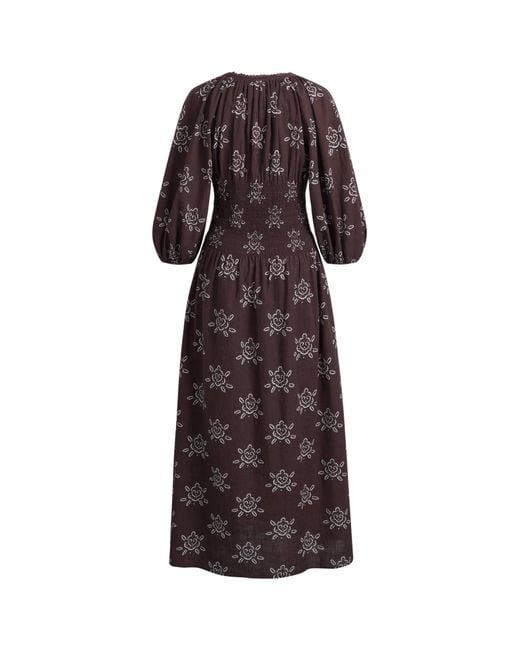 Fabrique Natural Cleo Smocked Handpainted Floral Puff Sleeve Midi Dress