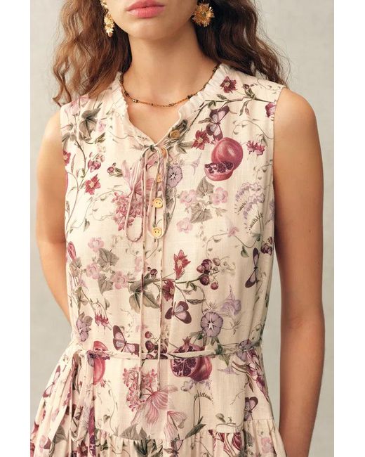 Fabrique Green Liana Printed Pomegranate Floral Tiered Dress