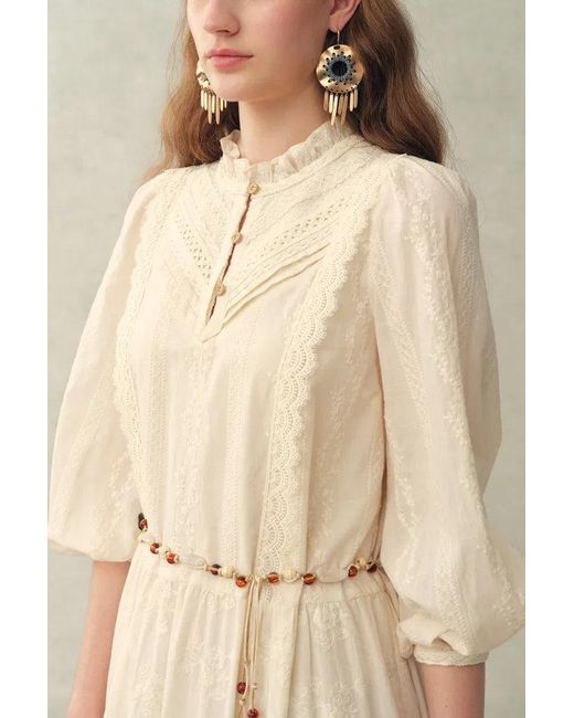 Fabrique Natural Lyra Embroidery Beaded Waist Puff Sleeve Dress
