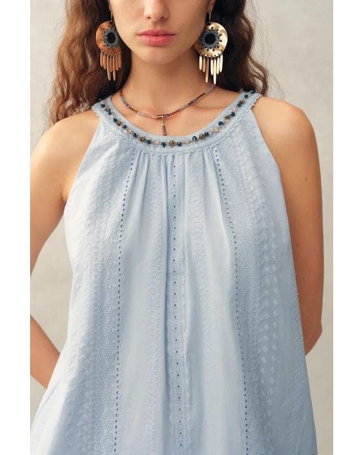 Fabrique Blue Hazel Boho Embroidery Jacquard Halterneck Sleeveless Top And Pants Set