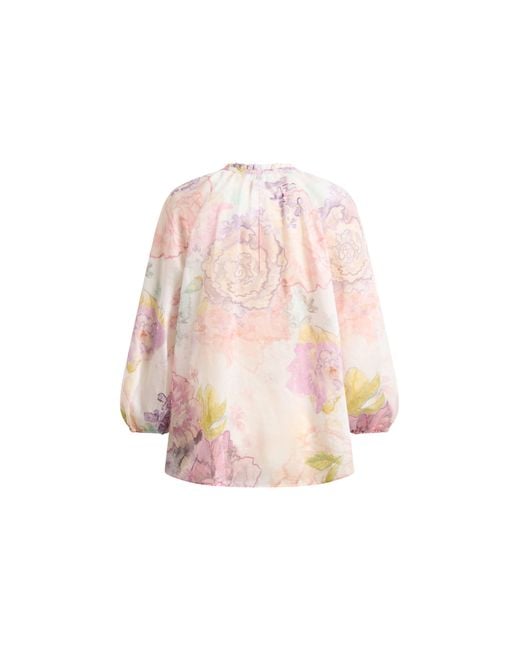 Fabrique Multicolor Yori Handpainted Floral Print Sheer Beaded Puff Sleeve Blouse