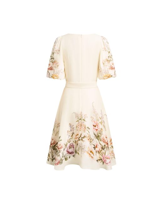 Fabrique Natural Eve Handpainted Floral Belted Puff Sleeves Dress
