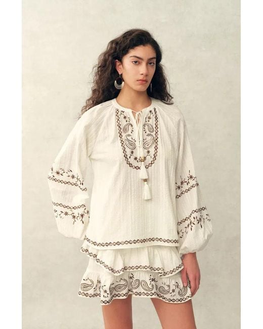 Fabrique Natural Brioche Beaded Tassel Tie Embroidery Blouse And Skirt Set