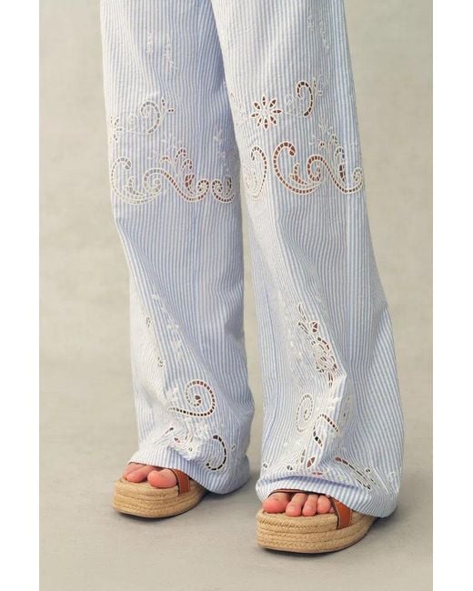 Fabrique Blue Holly Striped Embroidered Drawstring Wide Leg Pant