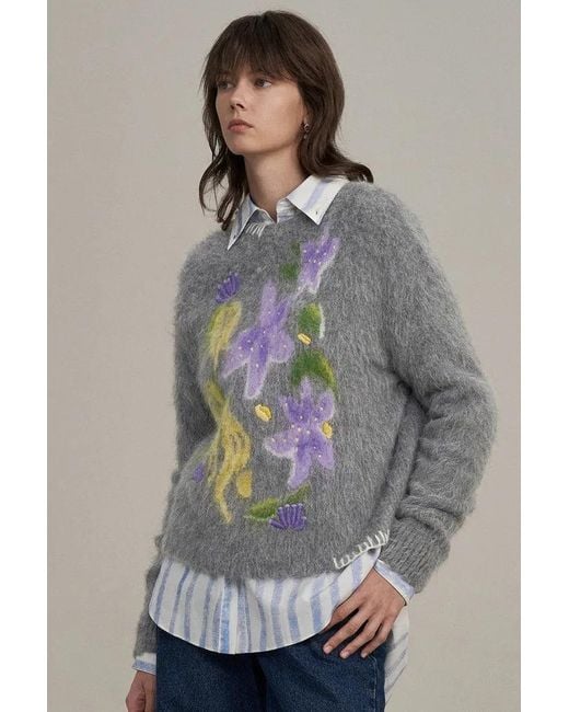 Fabrique Gray Titian Hand Embroidered Flora Sweater