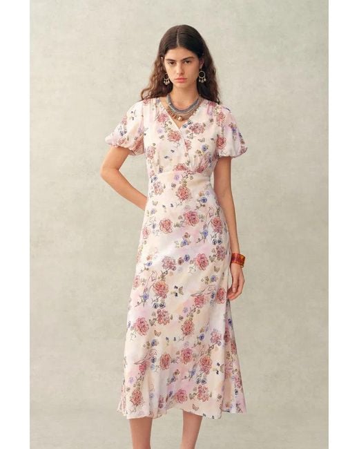Fabrique Natural Coco Handpainted Floral Puff Sleeve Cinched Dress