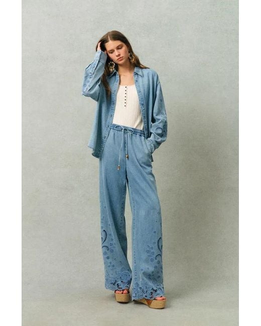 Fabrique Blue Vinetta Curved Button Placket Floral Embroidered Shirt And Jeans Matching Set