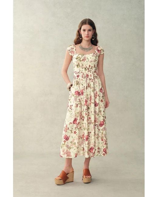 Fabrique Brown Ria Smocked Pomegranate Print Strap Dress With Built-In Cups