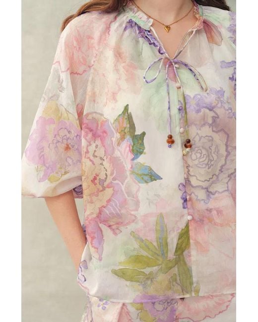 Fabrique Multicolor Yori Handpainted Floral Print Sheer Beaded Puff Sleeve Blouse