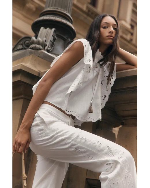 Fabrique White Elodie French Cutwork Embroidery Flare Pants