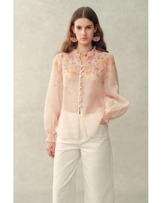 Fabrique Natural Lillian Handpainted Floral Embroidery Sheer Ombré Print Blouse And Shorts Set