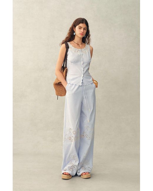 Fabrique Natural Lone Striped Embroidered Sleeveless Lace Trim Cami Top