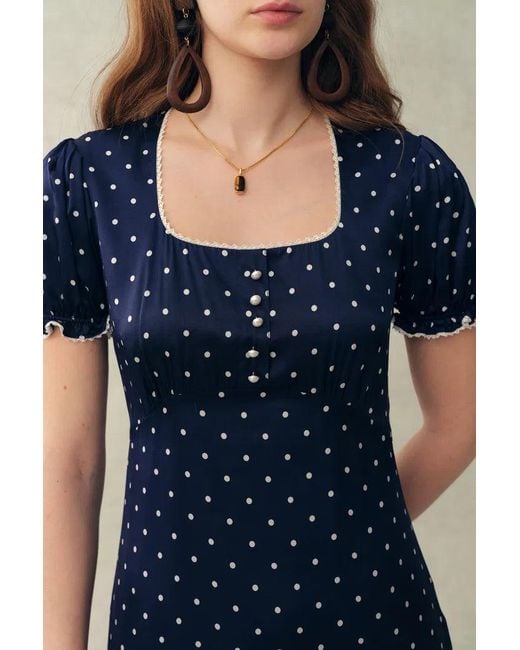 Fabrique Blue Carole French Style Polka Dot Squre Neck Puff Sleeve Dress