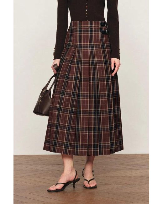 Fabrique Brown Yehudit Plaid Pleated Wool Maxi Skirt
