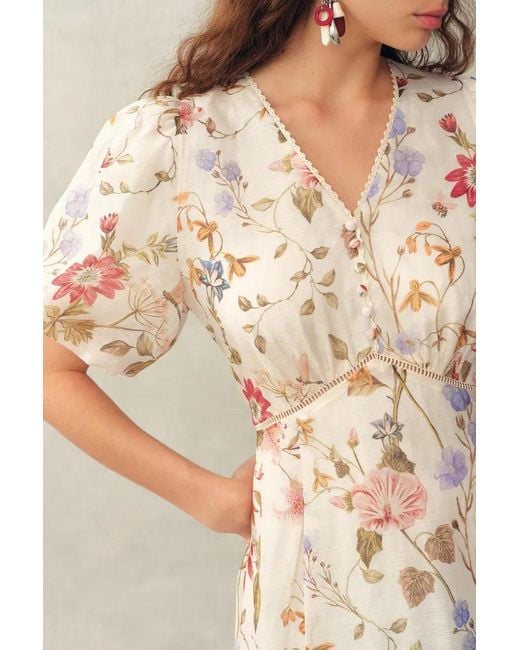 Fabrique Green Willa Floral Print V Neck Puff Sleeve Dress