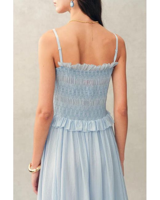 Fabrique Green Cirra Smocked Ruffle Trim Striped Sleeveless Cami Dress