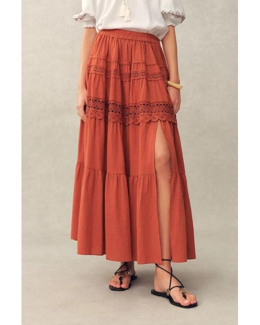Fabrique Red Kalia Lace Embroidery Pleated Cap Sleeve Top And Maxi Slit Skirt Set