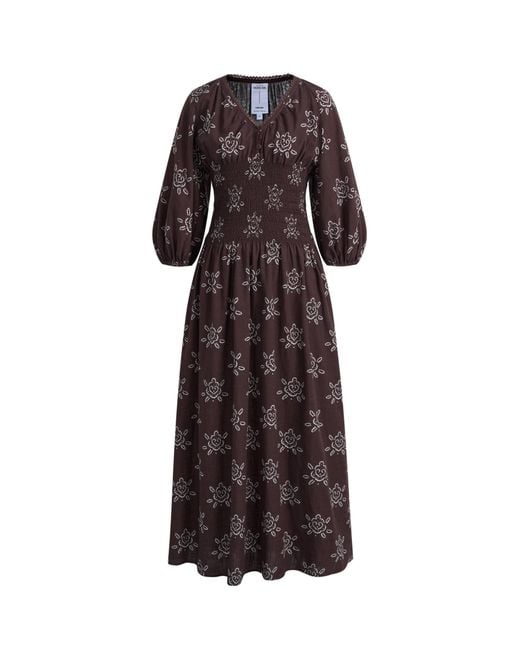 Fabrique Natural Cleo Smocked Handpainted Floral Puff Sleeve Midi Dress