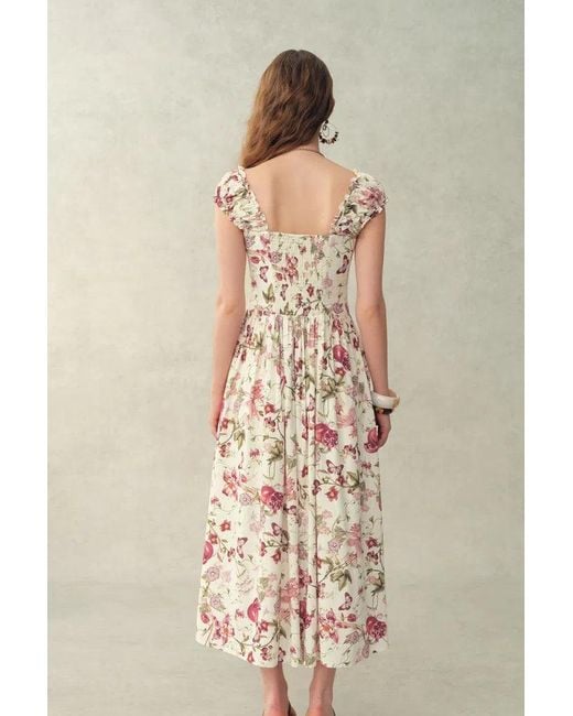 Fabrique Brown Ria Smocked Pomegranate Print Strap Dress With Built-In Cups