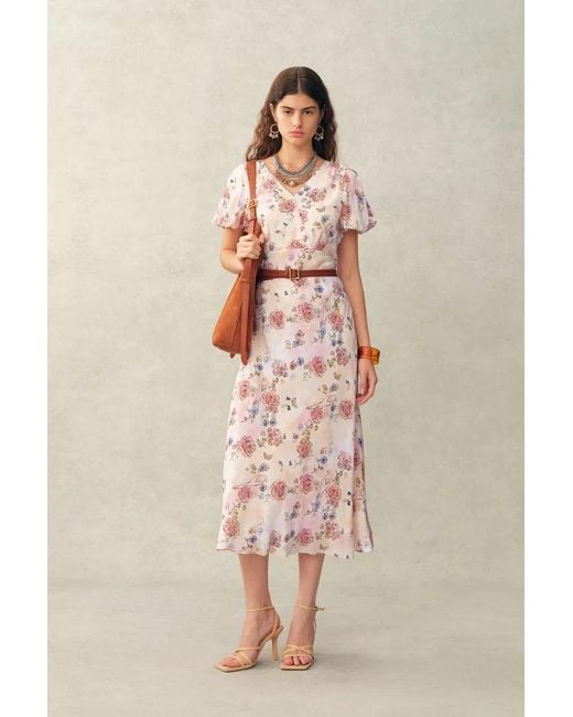 Fabrique Natural Coco Handpainted Floral Puff Sleeve Cinched Dress