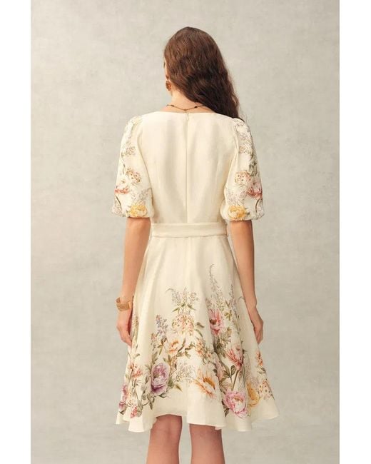 Fabrique Natural Eve Handpainted Floral Belted Puff Sleeves Dress