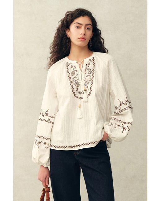 Fabrique Natural Brioche Beaded Tassel Tie Embroidery Blouse