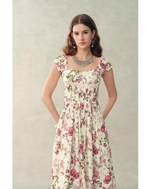 Fabrique Brown Ria Smocked Pomegranate Print Strap Dress With Built-In Cups