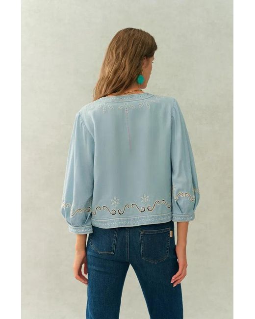 Fabrique Blue Marmont Pin Tuck Embroidery Blouse And Skirt Matching Set