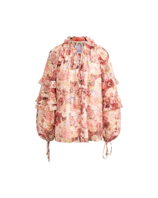 Fabrique Natural Marie Hand-Painted Print V-Neck Ruffle Top