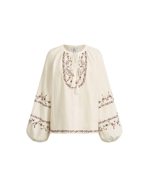 Fabrique Natural Brioche Beaded Tassel Tie Embroidery Blouse