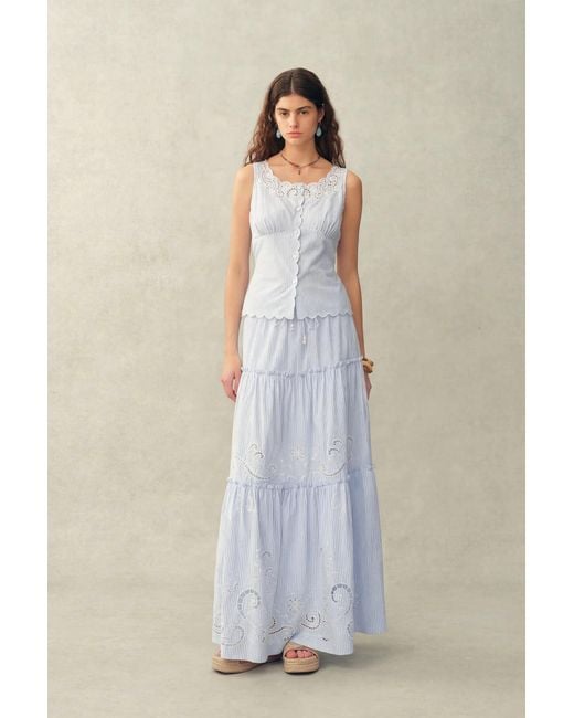 Fabrique Blue Bree Striped Embroidered Drawstring Tiered Skirt