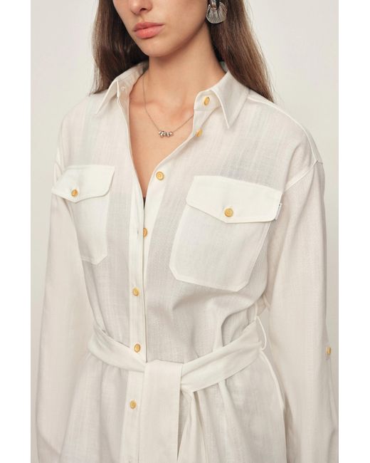 Fabrique Blue Faye Belted Roll Tab Sleeves Safari Blouse