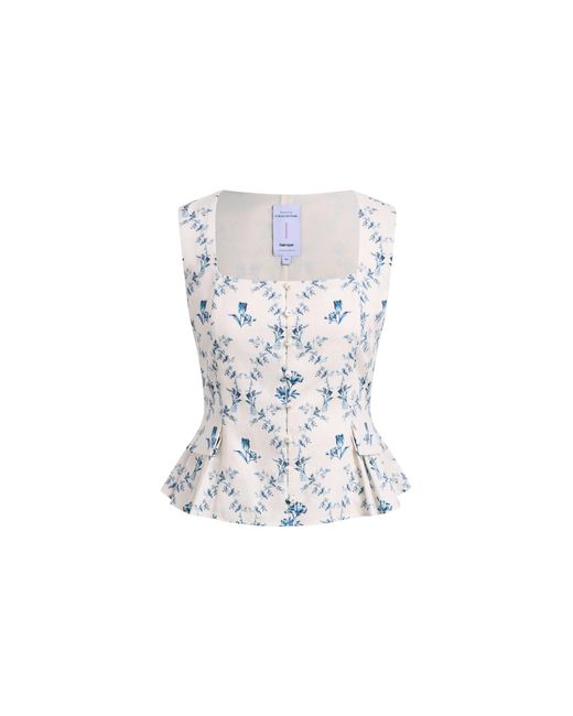 Fabrique Blue Elara Pleated Floral Square Neck Pearl Button Sleeveless Top