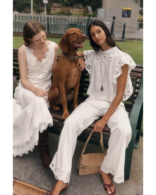 Fabrique White Elodie French Cutwork Embroidery Flare Pants
